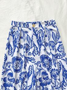 Soleia 2pcs/Set Women Bohemian Music Festival Blue & White Print Bib Top And Wide Leg Pants - Blue and White - View 5