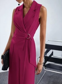 Maija Women's Fashionable Plain Drawstring Sleeveless Jumpsuit With Wide Leg - Hot Pink - View 4