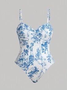 SHEIN MOD Plus Size Women Summer Plant Print Concise Casual Cami Bodysuit - Multicolor - View 1