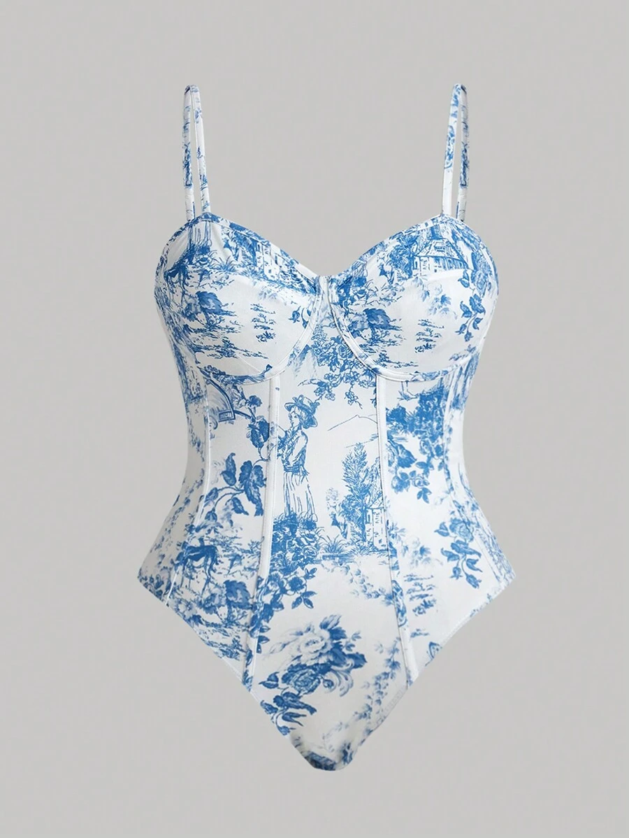 SHEIN MOD Plus Size Women Summer Plant Print Concise Casual Cami Bodysuit - Multicolor - View 1
