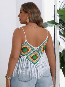 SHEIN VCAY 大尺寸夏季鉤針流蘇邊針織背心上衣，度假風