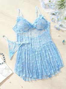 SHEIN 大尺碼夏季心形透視性感睡衣背心 - 藍色 - 查看 1