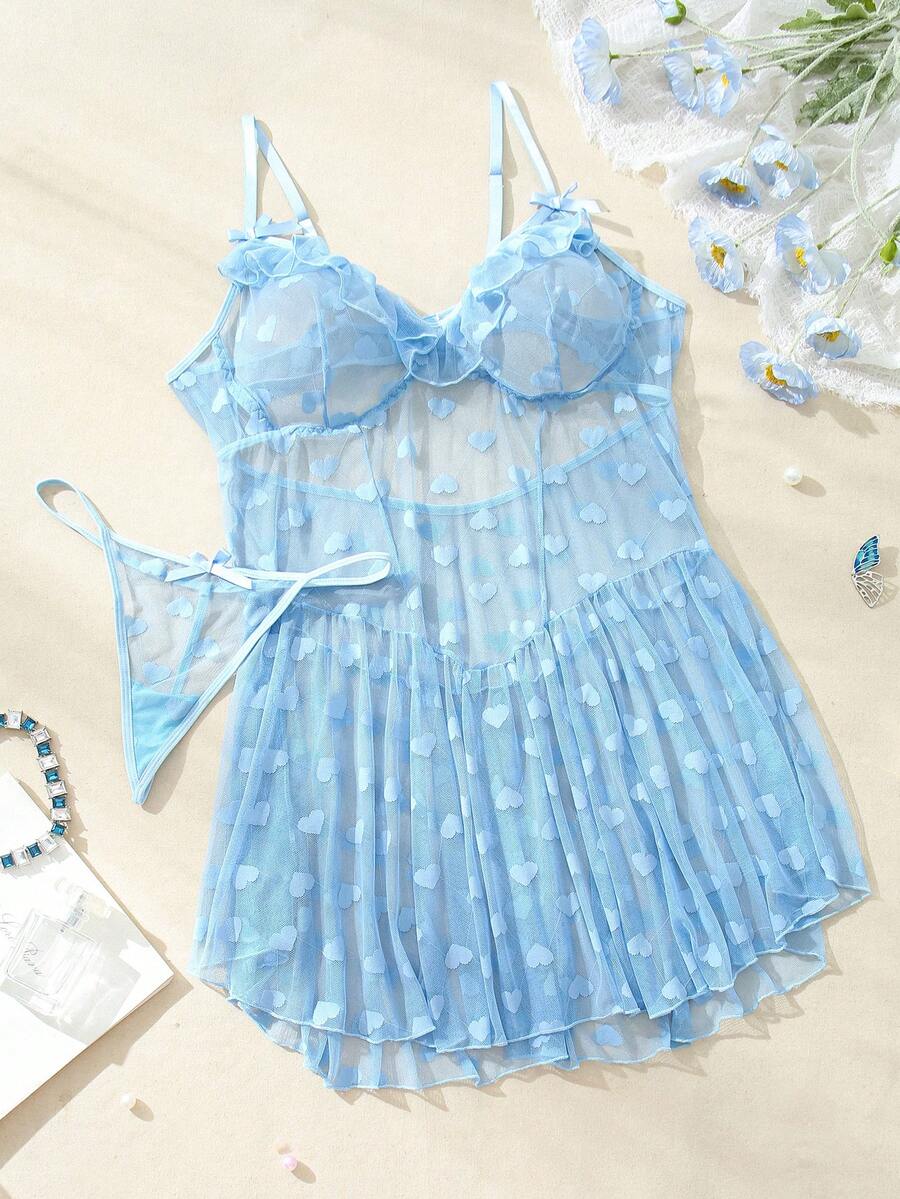 SHEIN 大尺碼夏季心形透視性感睡衣背心 - 藍色 - 查看 1