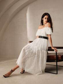 Anewsta Vestido elegante de fiesta para mujer con hombros descubiertos y mangas abullonadas - Blanco - Ver 4