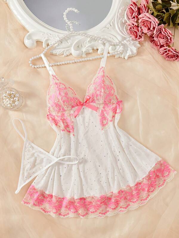 Classic Sexy 2pcs Shiny Nightclub Women Lace Splice Sexy Lingerie Cami Dress Set