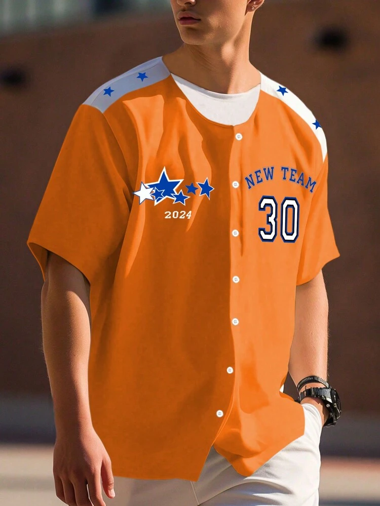 Men Button-Up  School Shirts  Short Sleeve Shirt With Color Block And Letter Print For Summer