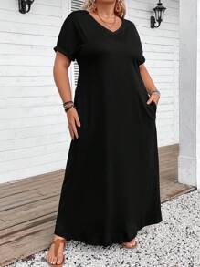 SHEIN CURVE+ Vestido largo minimalista de manga corta y holgado para mujer de talla grande - Negro - Ver 6