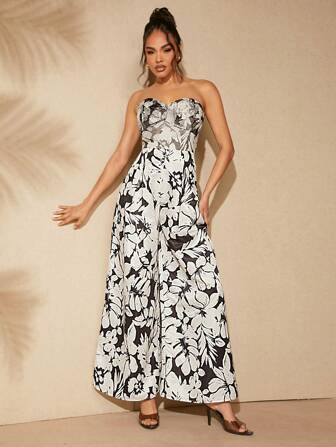 Hauture 熱帶印花寬腿連身褲