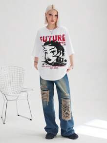 Coolane Sporty Street Style Casual Women Oversized Drop Shoulder T-Shirt With Graffiti Portrait Graphic Print, Hiphop Streetwear, Unisex