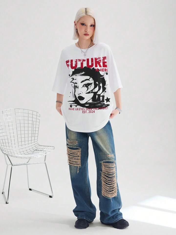 【関税・送料込】Side opening gravity printed t-shirts - 1164 Buy Black/Blue/White Japanese Relaxed Fit Graphic Print