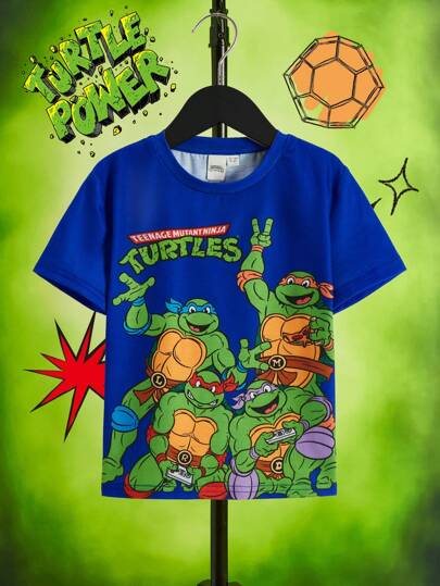 TEENAGE MUTANT NINJA TURTLES | SHEIN Young Boy Casual Cartoon Letter Print Round Neck Short Sleeve T-Shirt, Summer