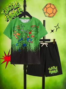 TEENAGE MUTANT NINJA TURTLES X SHEIN Conjunto de 2 peças de camiseta casual de manga curta com estampa de desenho animado e shorts de cintura com cordão para menino pré-adolescente, verão