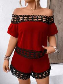 SHEIN Clasi Plus Size Off Shoulder Casual Short Sleeve Top And Shorts Set For Spring And Summer - Red - View 5
