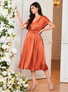SHEIN Maternity Casual & Commuter Simple Young Breastfeeding Clothing V-Neck Cap Sleeve Mid-Length Jumpsuit Dress - Rust Brown - View 6