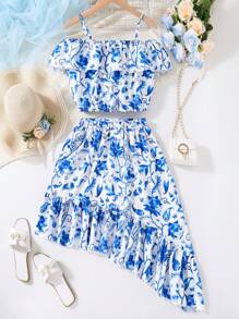 Teen Girl Floral Printed Spaghetti Strap Camisole Top And Asymmetric Hem Ruffle Skirt Summer Two Pieces Outfit,Holiday,Summer,Travel