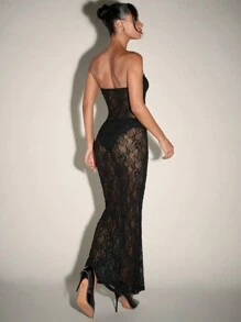 SHEIN BAE Lace Dress, Country Concert Outfit, Summer Dress, Rave Festival Outfits, Maxi Women Dresses & Beachwear, Mermaid Dress & Long Dresses For Women, Concert Women Outfit, Short Summer Dress, Summer Women Dresses, Outfit Sets Long Women Dresses Festival Outfits, Sexy Dress - Black - View 2