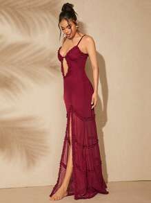 Hauture Rochie de damă, la modă și elegantă, cu bretele cu tiv despicat - Burgundia - Vizualizare 4