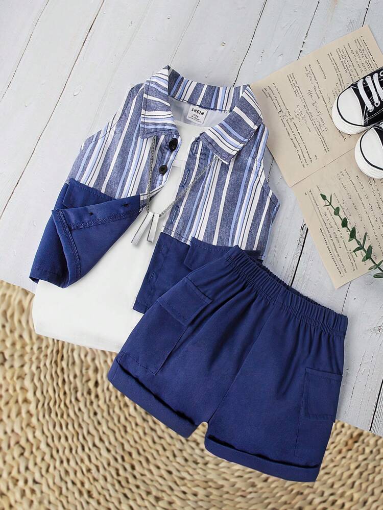 Baby Boys' Sleeveless Striped Shirt And Shorts Set, Summer Fashionable Elegant Casual & Comfortable
