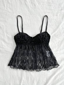 Soleia WYWH Mujeres Leopardo Impresión Terciopelo Y Encaje Empalmado Vacaciones Cami Top - Negro