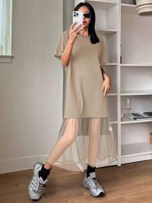 DAZY Mesh Splice Round Neck Loose Short Sleeve T-Shirt Dress For Women Summer,Ruffle,Casual Women Dresses