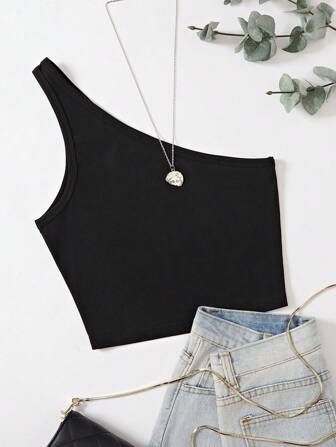 SHEIN Essnce 女性用 シンプル ソリッドカラー すっきりフィット ワンショルダートップ、夏用