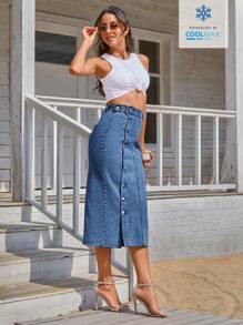 Coolmax Women Fashionable High-Waisted Denim Skirt With Slit Design - Medium Wash - View 4