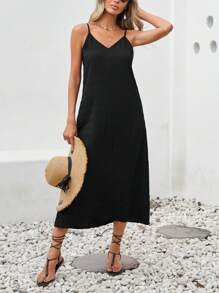 SHEIN VCAY Robe mi-longue en tissu texturé unicolore et bretelles spaghetti tissées, idéale pour les vacances