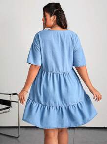 SHEIN EZwear 大尺碼牛仔裙，休閒寬鬆短袖V領藍色 - 藍色 - 查看 2