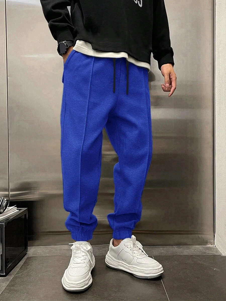 SHEIN Cottnline Men\ Casual Solid Color Drawstring Waist Cuffed Long Pants - Royal Blue - View 1