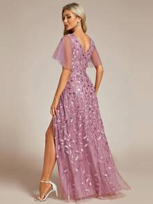 EVERPRETTY Deep V-Neck Sequin Color Block High Waist Split Bridesmaid Dress - Dusty Pink - View 3