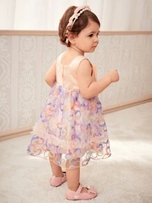 SHEIN Baby Girls' Cute Sleeveless Mesh Dress With 3D Flower Embellishments For Spring & Summer - Multicolor - View 2