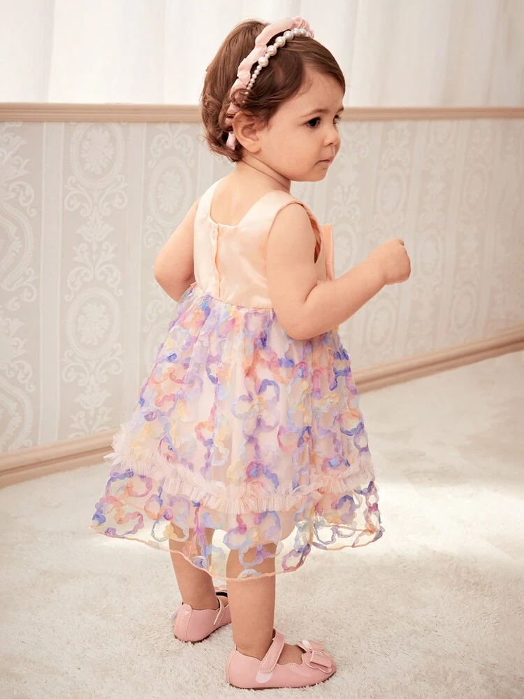 Baby Girls' Cute Sleeveless Mesh Dress With 3D Flower Embellishments For Spring & Summer