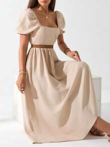 Cloudara Women Puffer Sleeve  Cami  Dress - Beige - View 6