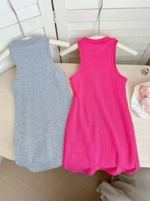 SHEIN LMoss 年轻女孩针织纯色可爱猫咪图案搭配休闲无袖连衣裙套装 - 玫紅色 - 查看 2