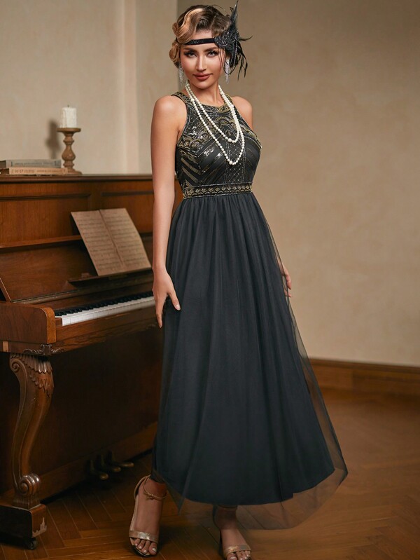 LVNES Black Mesh Sequins 1920s Vintage Dress, A-Line Wedding Guest Party Dress Formal Dress Evening Dress,Gown