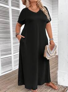 SHEIN CURVE+ Vestido largo minimalista de manga corta y holgado para mujer de talla grande - Negro - Ver 4