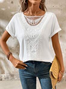 SHEIN LUNE Women's White Summer Off-Shoulder Floral Embroidery Customized Collar Casual Short Sleeve T-Shirt - White - View 5