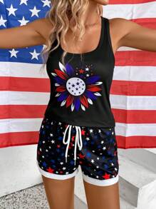 SHEIN Essnce Summer Casual Independence Day Printed Vest And Shorts 2pcs Set - Multicolor - View 2