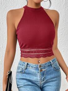 SHEIN Frenchy Tương phản ren cắt dây ren trang trí hạt vải hàng đầu - Gỗ đỏ - Xem 4