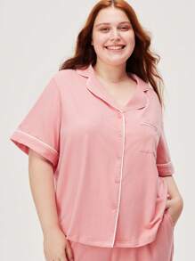 LUVLETTE Women Plus Soft Cotton Basic Button-Up Cotton Pink Pajama Set Lounge Set - Coral Orange - View 4