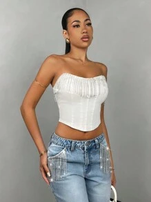 SHEIN BAE Print Rhinestone Fringe Corset&Summer Outfits&Rave Festival Outfits&Women Tops&Corset Top - White - View 3