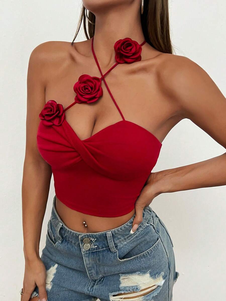 SHEIN PETITE 女士純色3D花朵裝飾十字綁帶領口背心短上衣 - 紅色 - 查看 1