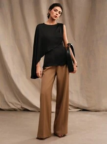 Anewsta Women's Round Neck Solid Color One-Shoulder Casual Daily Wear Shirt - Black - View 7