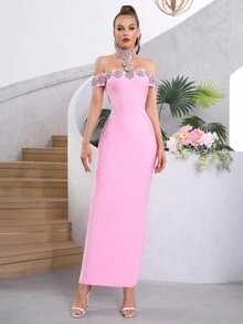 Modphy 新款女款黑色露肩性感重工奢華鑽飾緊身長版繃帶洋裝，婚禮伴娘禮服，正式晚宴派對洋裝 - 粉色 - 查看 3