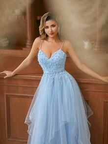 Tulle A-Line Spaghtti Elegant Evening Dress - Baby Blue - View 7