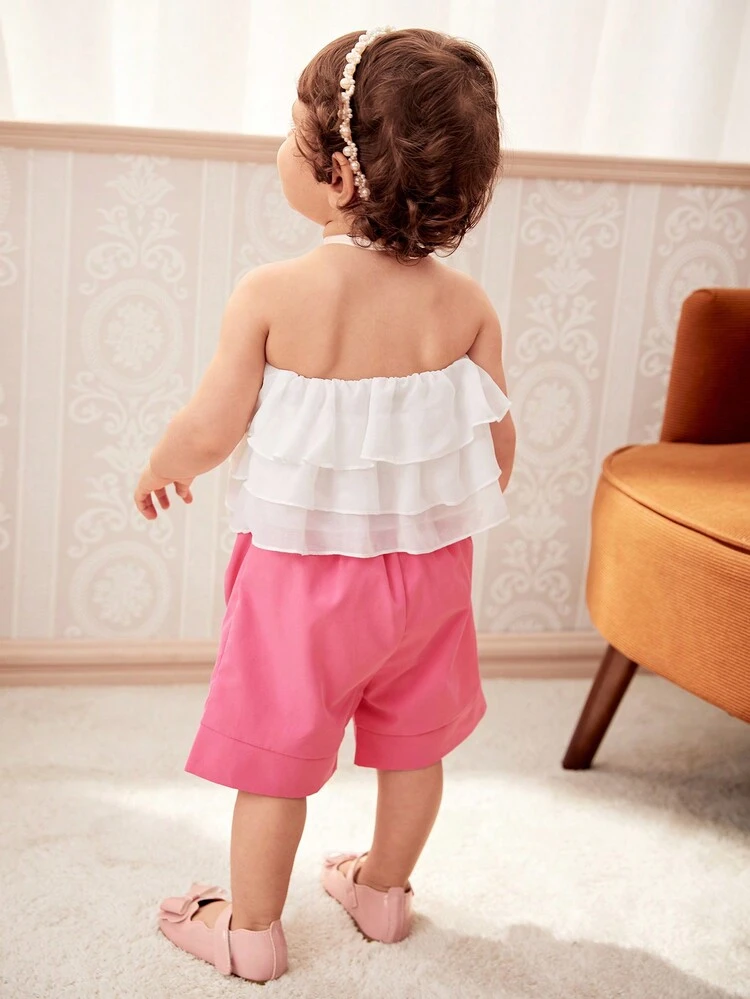 Baby Girl Spring/Summer Fashionable Halter Top And 3D Rose Shorts Set With Belt