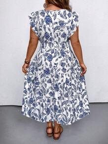 SHEIN LUNE Plus Size V-Neck Floral Print Ruffle Hem Tie Waist Vacation Dress, Women Summer Outfit