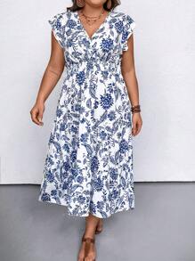 SHEIN LUNE Plus Size V-Neck Floral Print Ruffle Hem Tie Waist Vacation Dress, Women Summer Outfit