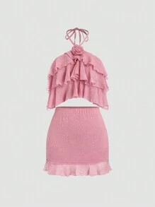 SHEIN Unity 女士夏季純色荷葉領上衣和裙子套裝 - 粉色 - 查看 1