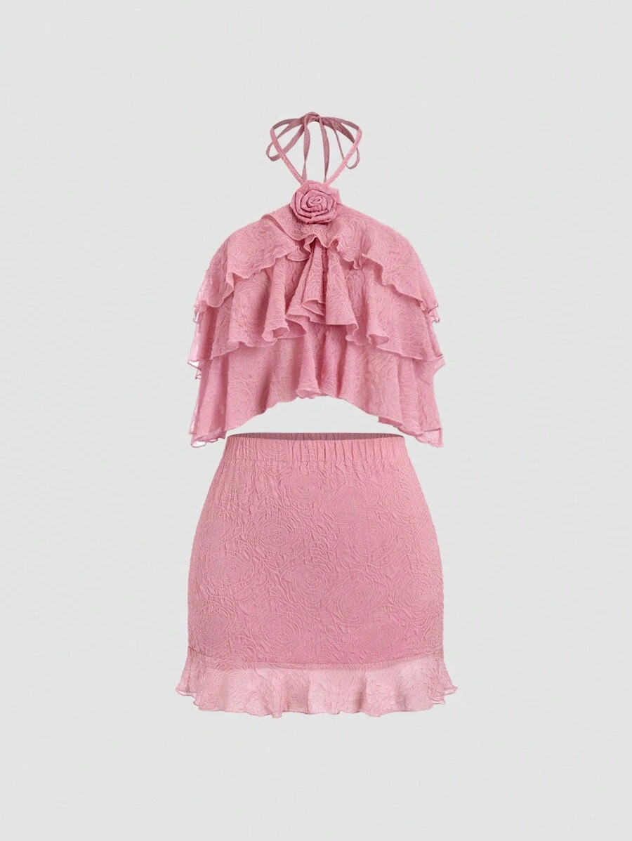 SHEIN Unity 女士夏季純色荷葉領上衣和裙子套裝 - 粉色 - 查看 1